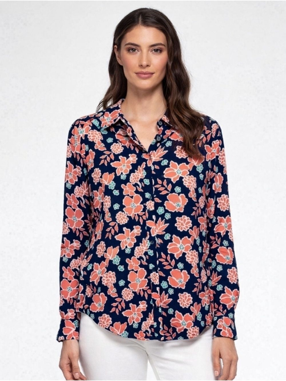 Banana Republic Women's Button Down Blouse Navy Coral Orange Floral Print Medium